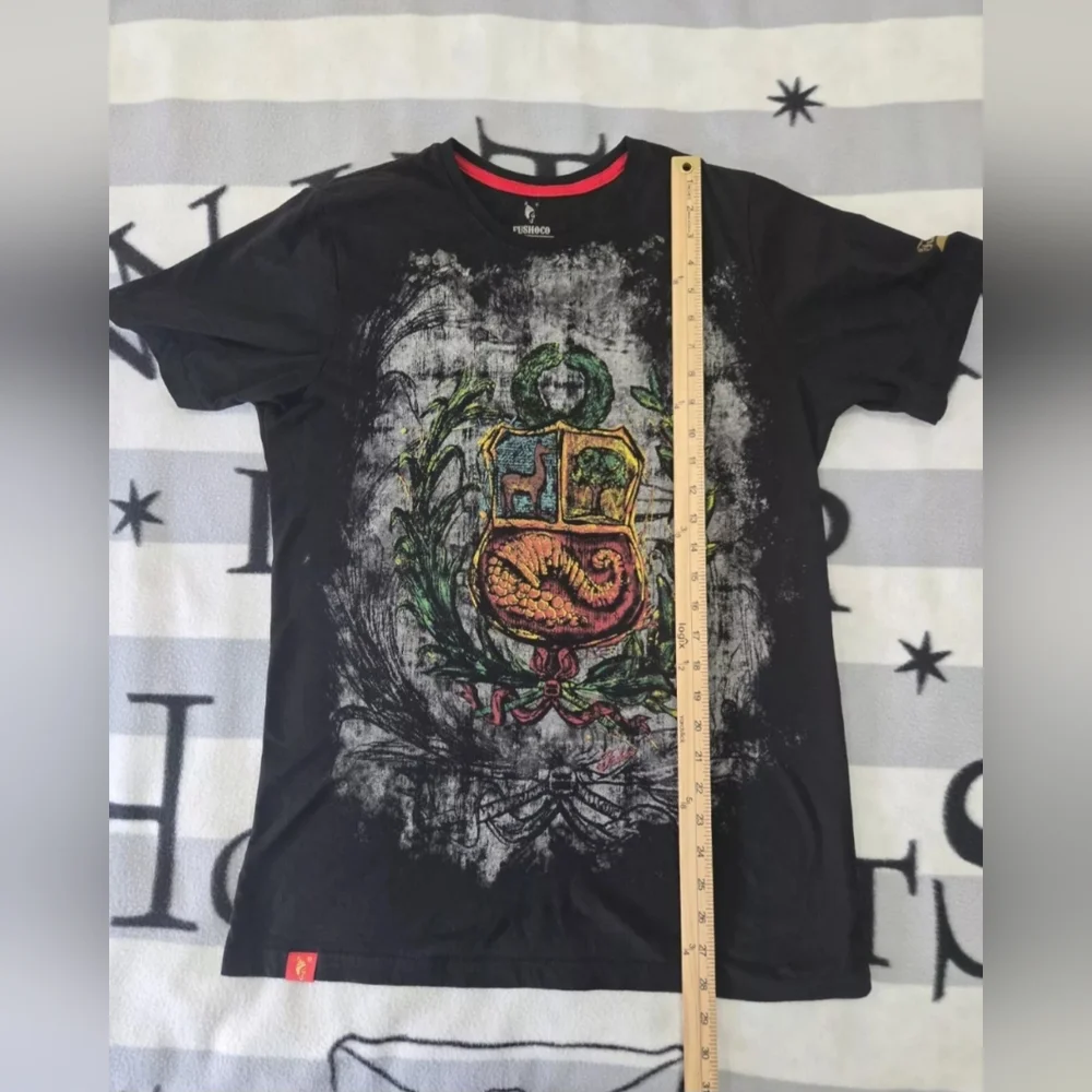 T-SHIRT MEN'S BLACK PERÚ ESCUDO FUSHOCO 100% COTTON LARGE - Picture 8 of 11